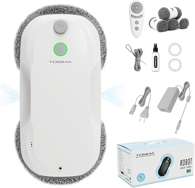 Tosima W5 Window Cleaning Robot, Dual Direction Auto-Spray Smart Window Cleaner with Triple Safety System, Smart Navigation, Remote Control, for All Smooth Surfaces, with 8 Rags, White