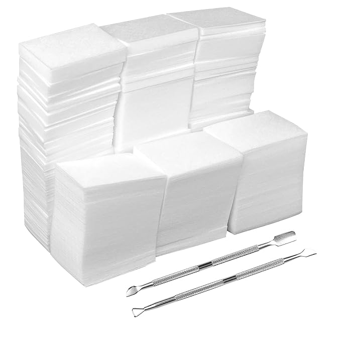 Eyxformula 1000 Pcs Lint Free Nail Wipes Gel Polish Remover Pads - Absorbent Cotton Pads For Manicure Prep & Care Routine - Includes 2 Cuticle Pushers - Nail Supplies for Home & Salon Techs Use