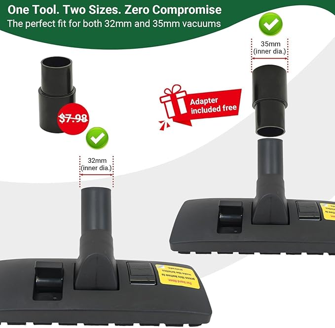 EZ SPARES Universal Vacuum Cleaner Floor Brush Attachment,Compatible with Most Brand,Hoover, Eureka, Rainbow,Shop VAC,Nozzle Tool, 2-in-1 for Hard Floor&Carpet (With An Adapter and Mini Clean Brush)