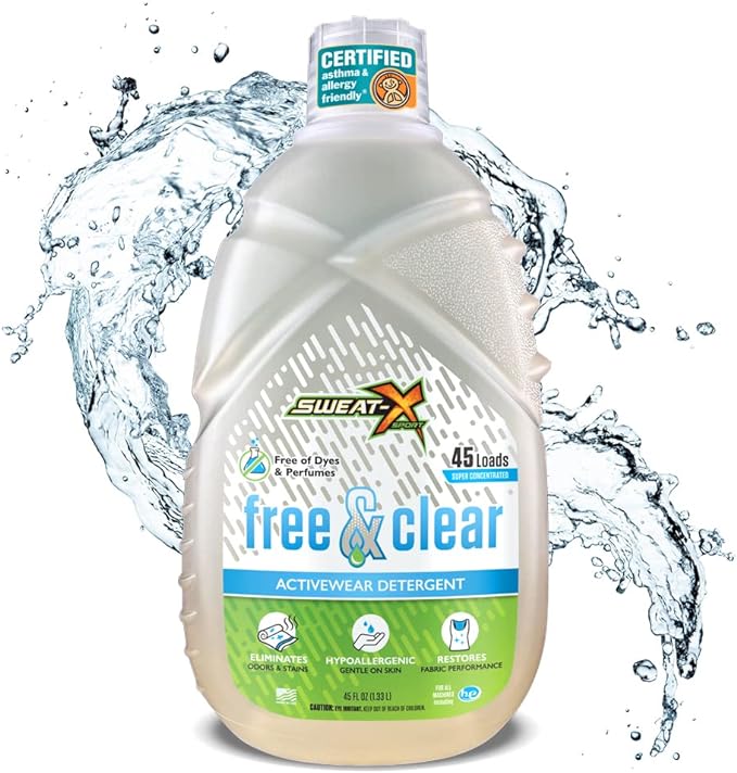SWEAT X Free & Clear Laundry Detergent Liquid - Organic, Natural Non Toxic Laundry Detergent for Sensitive Skin - Gentle Washing Detergent for Activewear & Performance Fabrics - 45 Loads, 1 Bottle