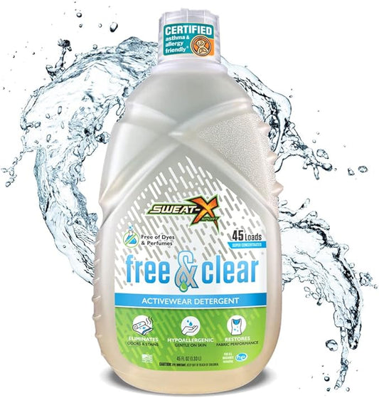 SWEAT X Free & Clear Laundry Detergent Liquid - Organic, Natural Non Toxic Laundry Detergent for Sensitive Skin - Gentle Washing Detergent for Activewear & Performance Fabrics - 45 Loads, 1 Bottle