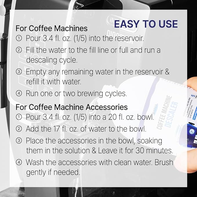 Coffee Machine Descaler Descaling Solution - 17 fl. oz. (5 Uses), Compatible with Espresso, Capsule, Drip, Pour over machines, Coffee machine accessories, Pot, Thermos, and Carafes