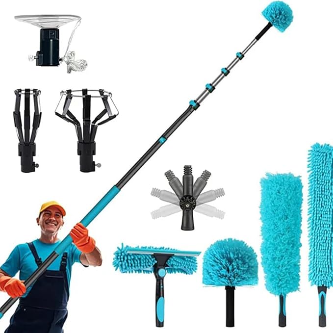 12FT Light Bulb Changer for High Ceilings with 3-12FT Extension Pole, Fan Duster for Ceiling Fan Blades, Microfiber Feather Duster, Rotatable Window Squeegee and Cobweb Duster, High Reach Duster Kit
