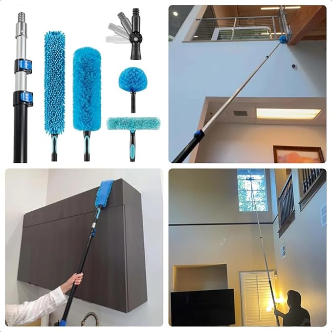 12FT Light Bulb Changer for High Ceilings with 3-12FT Extension Pole, Fan Duster for Ceiling Fan Blades, Microfiber Feather Duster, Rotatable Window Squeegee and Cobweb Duster, High Reach Duster Kit