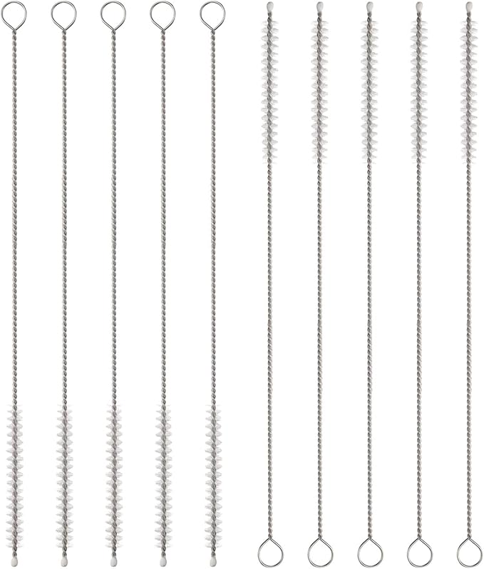 HARFINGTON Straw Cleaner Brush Set, 8 Inch Length 304 Stainless Steel and Nylon Bristles for Water Bottle Silicone Straw Sippy Cup Pipes, White (6mm OD, 10-Piece-Set)