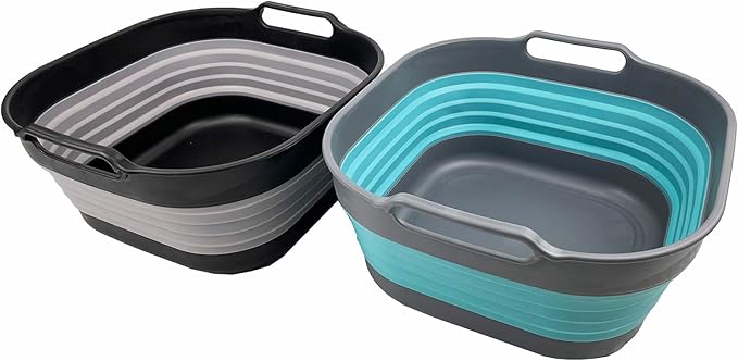SAMMART 10L (2.64 gallon) Collapsible Dishpan - Foldable Washing Basin - Portable Dish Washing Tub - Space Saving Kitchen Storage Tray (Alloy Grey + Crystal Blue)