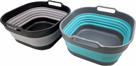 SAMMART 10L (2.64 gallon) Collapsible Dishpan - Foldable Washing Basin - Portable Dish Washing Tub - Space Saving Kitchen Storage Tray (Alloy Grey + Crystal Blue)