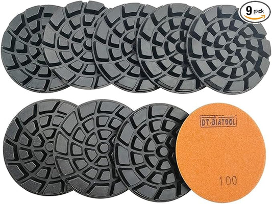 DT-DIATOOL 4 Inch Diamond Polishing Pads for Concrete Diamond Floor Polishing Pads Resin Bond Terrazzo Floor Grit 100 Pack of 9