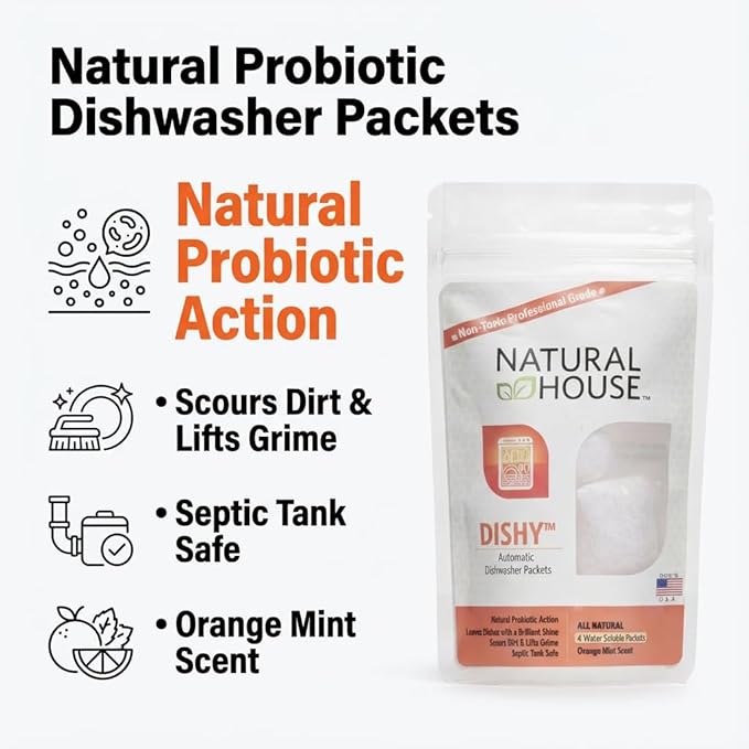 Natural House Dishy - High Strength Automatic Dishwasher Packets - Cuts Through Dirt and Lifts Grime From Dishes and Silverware - All Dish Types - Water Soluble Pouch - 120 Ct