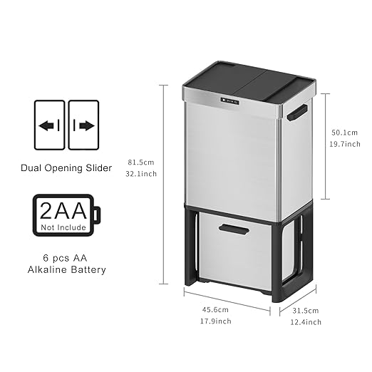 19 Gal Kitchen Automatic Motion Sensor Trash Can with 2 Recycling Dustbin(13.2 Gal+5.8 Gal),Ozone Odor Control Stainless Steel Garbage Can with Slide-Open Lid