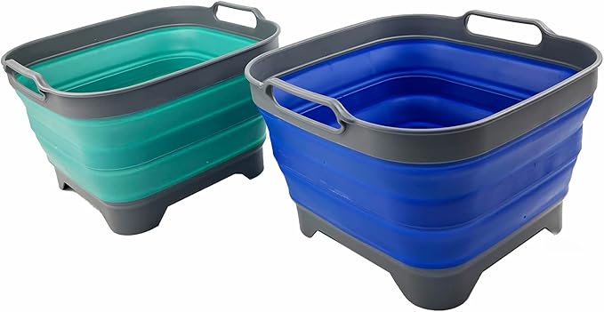 SAMMART 10L (2.64 Gallon) Collapsible Dishpan with Draining Plug - Foldable Washing Basin - Portable Dish Washing Tub - Space Saving Kitchen Storage Tray (Purplish Blue+Turquoise Blue (Set of 2))