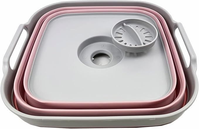 SAMMART 10L (2.64 Gallon) Collapsible Dishpan with Draining Plug - Foldable Washing Basin - Portable Dish Washing Tub - Space Saving Kitchen Storage Tray (Grey/Pale Pink)