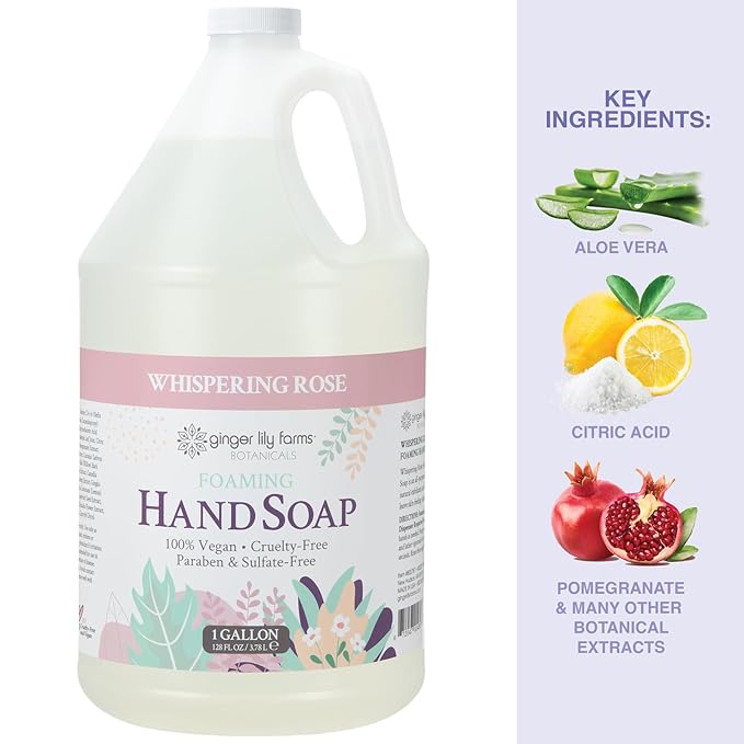 Ginger Lily Farms Botanicals All-Purpose Foaming Hand Soap Refill, 100% Vegan & Cruelty-Free, Whispering Rose Scent, 1 Gallon (Pack of 4)