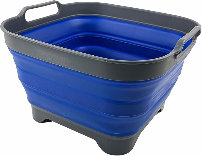 SAMMART 10L (2.64 Gallon) Collapsible Dishpan with Draining Plug - Foldable Washing Basin - Portable Dish Washing Tub - Space Saving Kitchen Storage Tray (Grey/Purplish Blue)