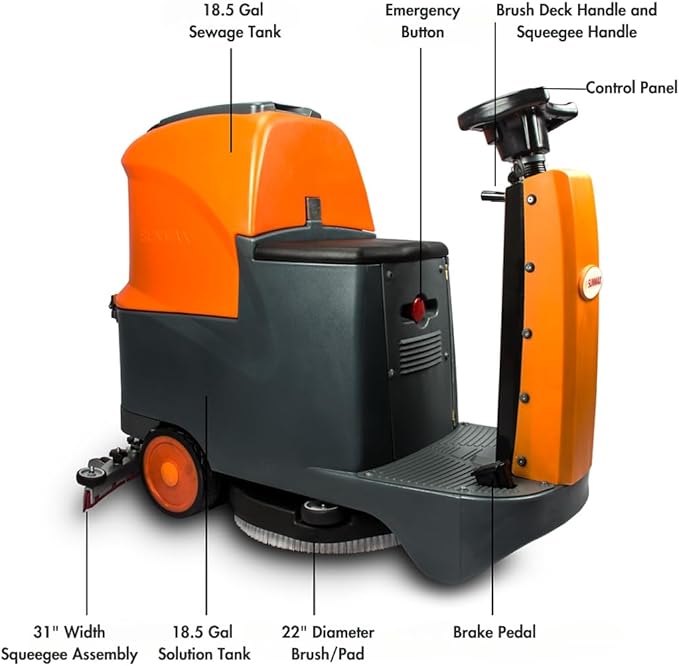 Ride-On Commercial and Industrial Floor Scrubber Machine, 22" Brush, 31" Squeegee, 18.5 gal Tanks, 5 Hour Continuous Working Time, 200 RPM, 48,000 Sqft/H, Batteries Included