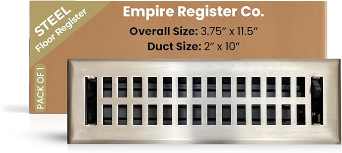 Empire Register Co, Vent Cover - 2x10 inch, Modern Contemporary Design, Brushed Nickel Finish, Heavy Duty Floor Vent Covers, Metal Damper Attached Vent Covers for Home Floor only