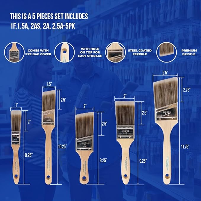Pro Grade Paint Brushes, 5-Piece Paint Brush Set, Flat & Angle Brushes for Walls, Trim, Cabinets, Interior & Exterior Latex and Oil Paints, Stains