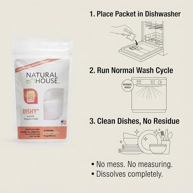 Natural House Dishy - Probiotic Dishwasher Detergent Pods - Plant-Based Formula - Septic Safe - Orange Mint Scent - 4 Count
