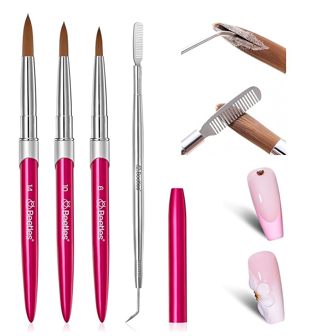 Beetles Acrylic Nail Brush - 3pcs Size 6/10/14 Kolinsky Acrylic Nail Brushes with Cleaner Tool for Acrylics Powder, Nails Extension, 3D Carving Nails Art Tools Home DIY Salon Manicure Design Tool