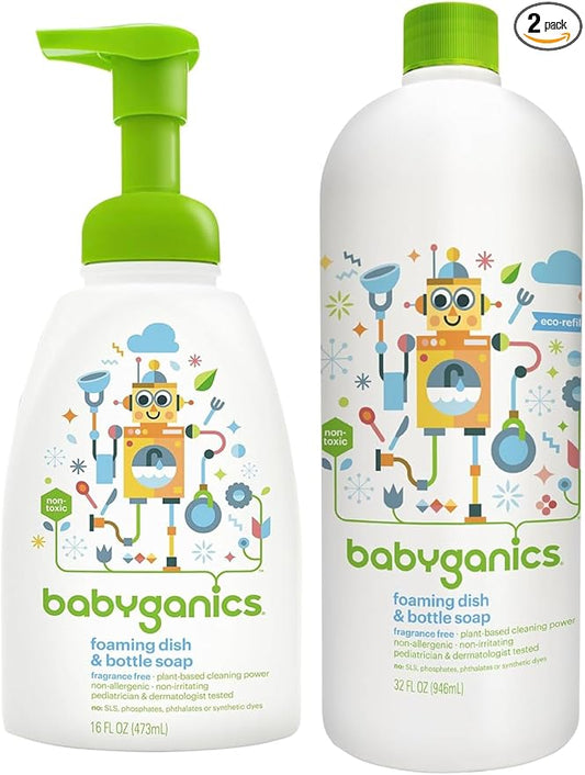 LuxProdX Baby ganic Foaming Dish & Bottle Soap 16 oz + 32 oz Refill – Plant-Based, Fragrance-Free, Baby-Safe Cleaning Kit