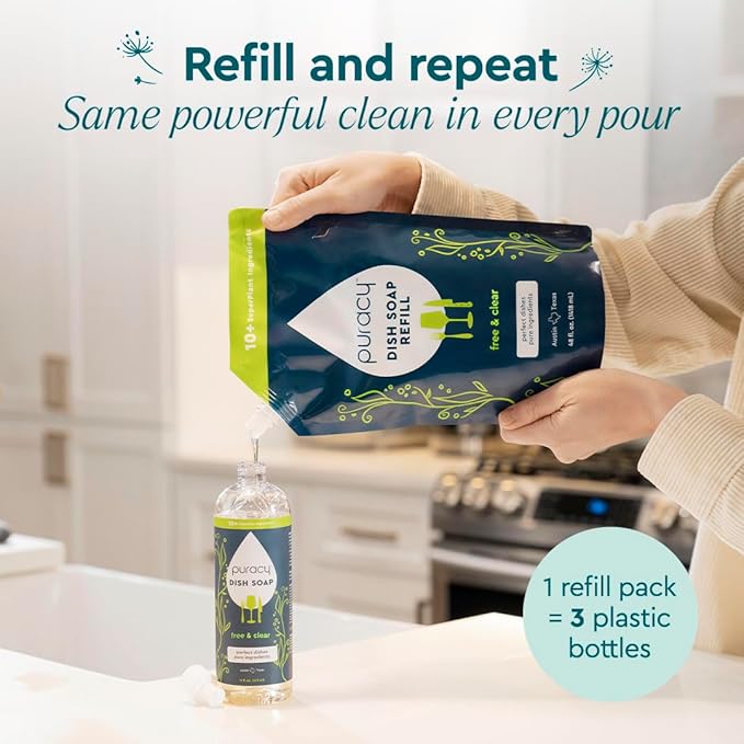 Puracy Natural Dish Soap Refill - Skin-Softening Plant-Based Liquid Dishwashing Detergent Soap, Clean-Rinsing Water-Sheeting Formula (Free & Clear, 48 fl oz)
