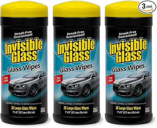 Invisible Glass 90166-3PK Large Glass Cleaning Wipes for Streak-Free Windows, Mirrors, and Glass, Lint-Free, Ammonia-Free, Tint-Safe, for Home and Auto, Canister, 28 Count (Pack of 3)