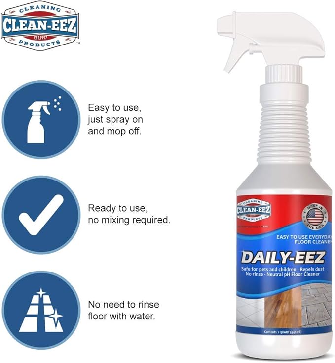 Daily Wood, Laminate, Tile, Stone Floor Cleaner from Clean-eez Streak Free Maintenance Cleaner Spray. Removes Footprints, Dirt, Spills, Repels Dust. 32 oz. RTU