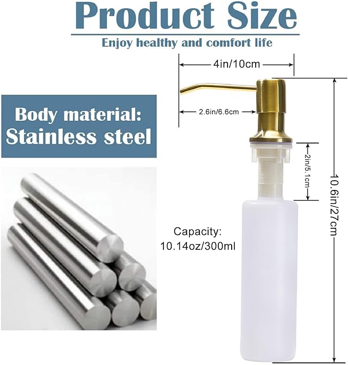 Soap Dispenser for Kitchen Sink (Gold),Built in Design Sink Soap Dispenser, Refill from The Top, Stainless Steel Kitchen Soap Pump with 10 fl.oz Bottle (300ml)