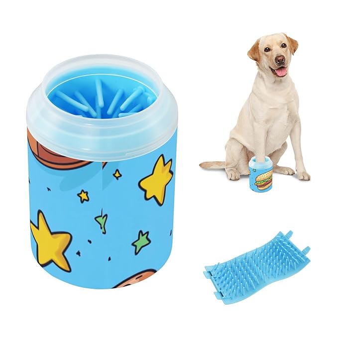 Dog Paw Cleaner Cups for Dogs Pet Foot Washer Paw Scrubber for Medium Small Dogs Cats Cleaning Cup Hamburger Hot Dog Stars Blue