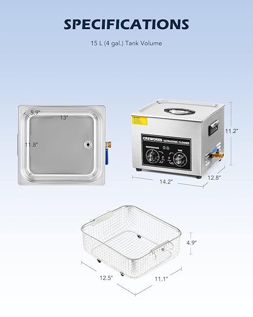 CREWORKS 15L Ultrasonic Cleaner with Knob, Total 760W Professional Industrial Auto Cleaning Machine for Carburetor Repairing Tools Parts Instrument, 40kHz Digital Sonic Cavitation Cleaner with Heater