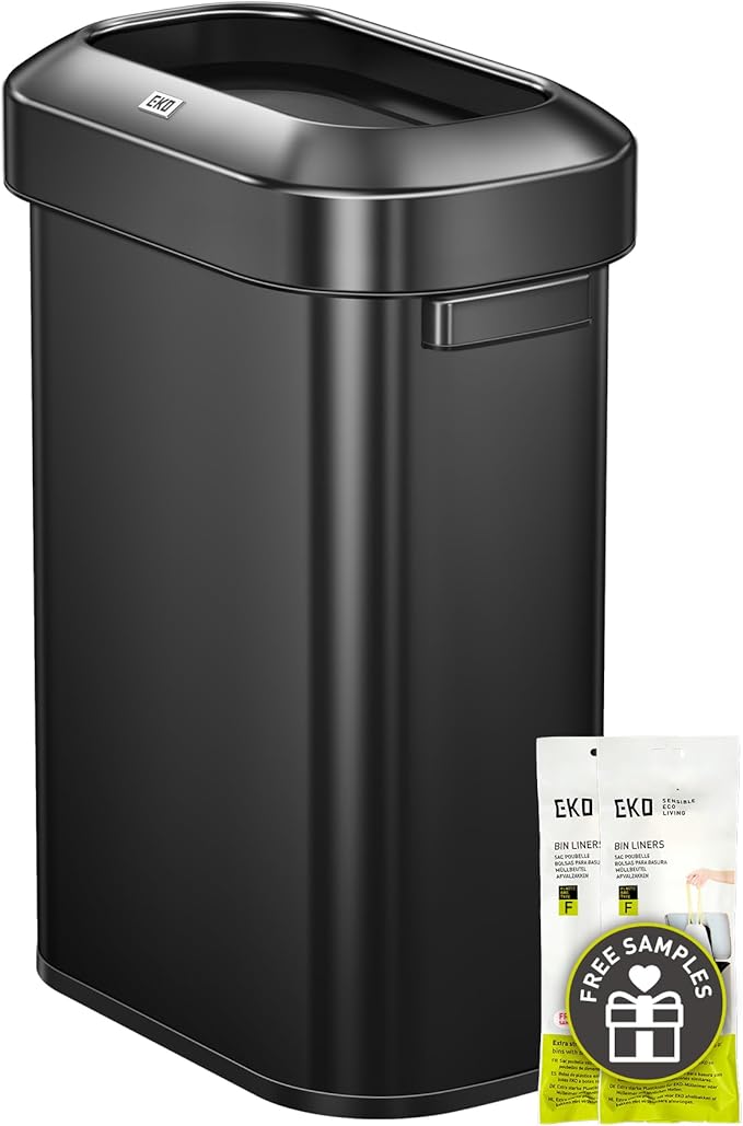 EKO Urban 16 Gallon/60 Liter Open Top Stainless Steel Slim Commercial Trash Can, Tall Kitchen Trash Bin, Heavy-Duty Commercial Grade Large Garbage Bin for Home, Office, Hotel, Restaurant, Matte Black