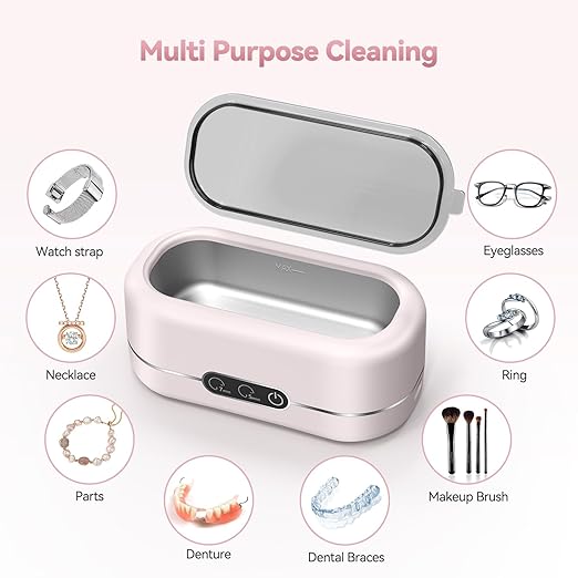 Jewelry Cleaner Ultrasonic Machine, Upgraded 48KHz Ultrasonic Cleaner with 304 Stainless Steel for Jewelry, Eyeglasses, Rings, Watch Strap, Dentures-Pink