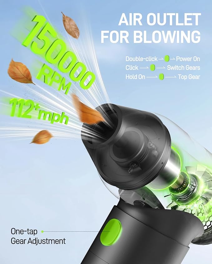 Electric Air Duster-150,000 RPM 4-Gear Adjustable Aluminum Alloy Compressed Air Duster, Cordless Air Duster for Keyboard Cleaning, 2-in-1 Vacuum for House or Car Interiors, Mini Blower for Car