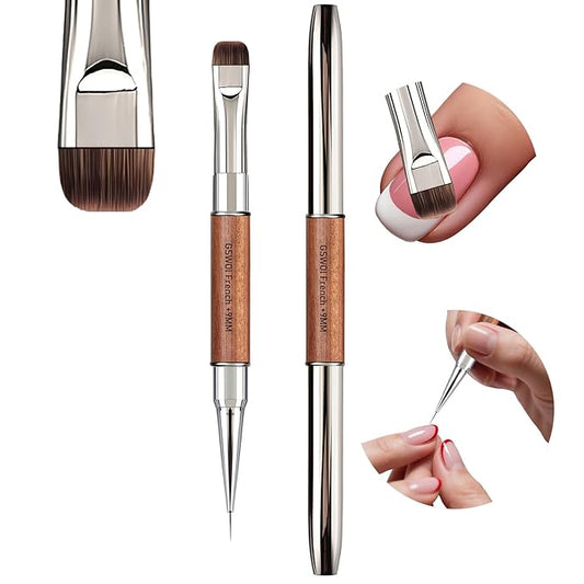 Dual Head Acrylic Nail Brush-French Tip & 9mm Liner with Cleaning Brush for Builder Gel,Polygel & Design-Wood Handle & Metal Caps