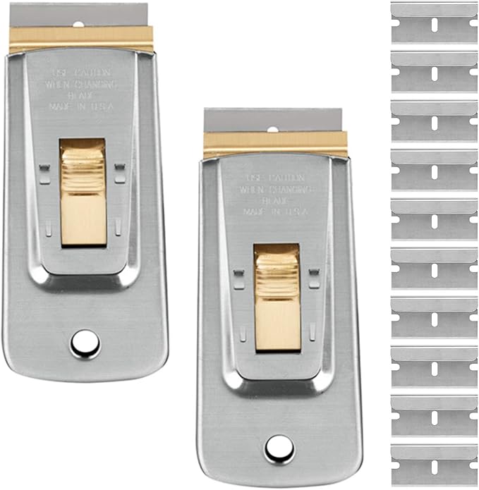 Razor Blade Scraper Tools (Set of 2), Window Scraper, Glass Cooktop Scraper & Paint Scraper, Car Decal, Sticker and Glue Remover Razor Holder with 10 Replaceable Single Edge Blades