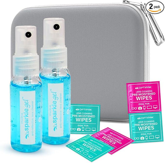 Sparkle Gel Anti-Reflective Safe Lens Cleaner Spray Kit - (2) 1oz Glasses Cleaner Spray, (5) Pre-Moistened Lens Wipes, (1) Travel Pouch for Eyeglasses, Lenses & Camera Cleaning Kit (8 Piece Set)