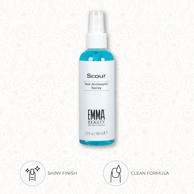 EMMA Beauty Scour Nail Antiseptic Spray, Nail Surface Cleanser and Cleaning Solution, 12+ Free Formula, 100% Vegan & Cruelty-Free, 3.3 oz.
