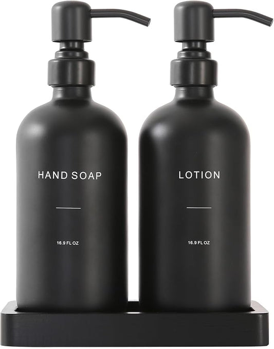 Black Soap Dispenser Bathroom Set, Soap and Lotion Dispenser Set with Stainless Steel Pump, Perfect for Bathroom Decor. (Black)