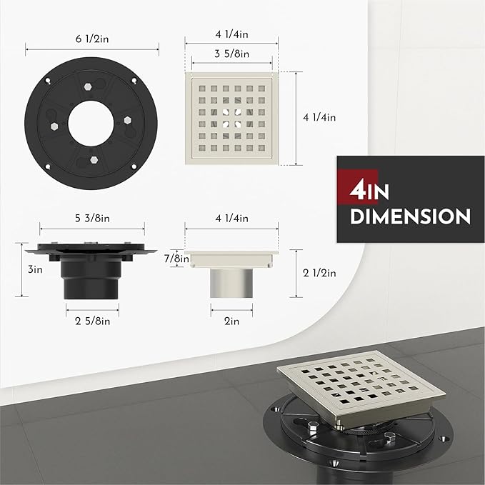 WEBANG 4 Inch Square Shower Floor Drain with Flange,Quadrato Pattern Grate Removable,Food-Grade SUS 304 Stainless Steel,Watermark&CUPC Certified,Brushed Nickel