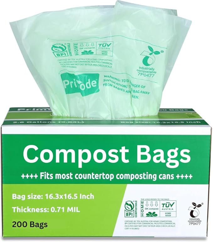 Compost Bags, Compostable Trash Bags 3 Gallon Compostable Bags 200 Count Small Compost Bags for Countertop bin Extra Thick 0.71 Mil. ASTM D6400 Certified By BPI and TÜV AUSTRIA (3 Gallon, 200 Units)
