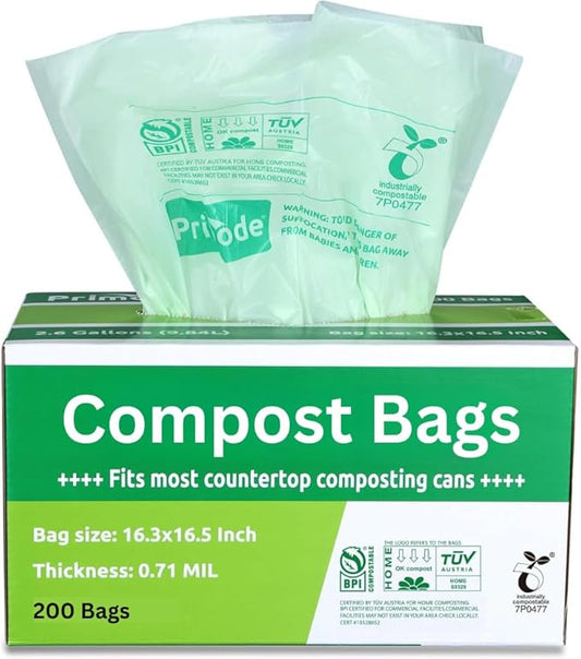 Compost Bags, Compostable Trash Bags 3 Gallon Compostable Bags 200 Count Small Compost Bags for Countertop bin Extra Thick 0.71 Mil. ASTM D6400 Certified By BPI and TÜV AUSTRIA (3 Gallon, 200 Units)