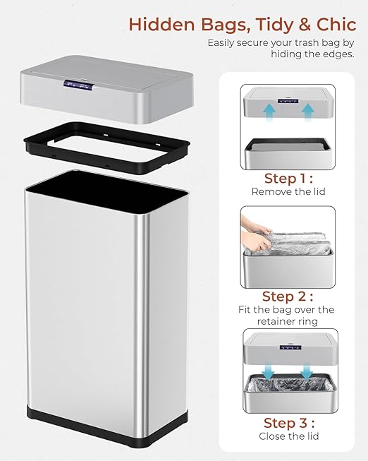 TLSUNNY 16 Gallon Motion Sensor Trash Can,Touchless Automatic Garbage Can,Brushed Stainless Steel Smart Bin,with Bag Holder,Soft Close Lid,for Kitchen,Office,RV,Bedroom,Living Room (Silver, 60L)