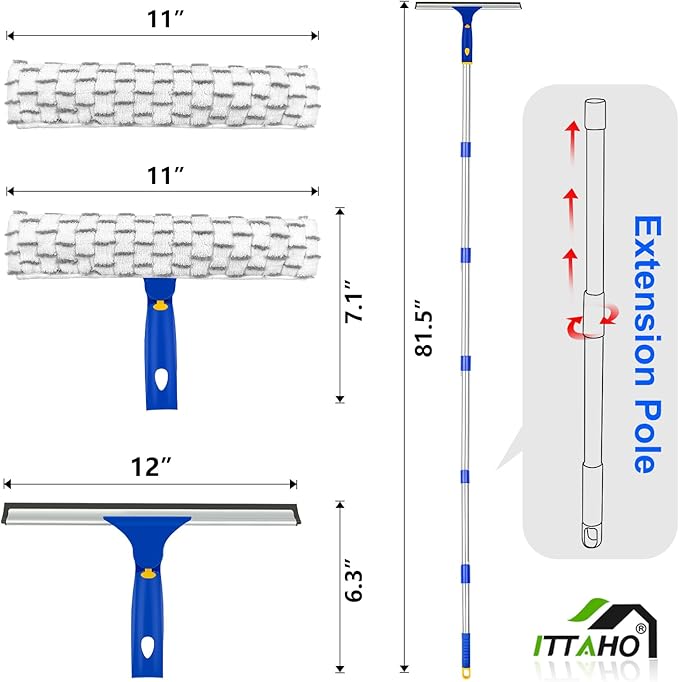 ITTAHO 81" Window Squeegee Cleaner, Window Cleaning Tool Kit,12" Squeegee and 11" Microfiber Scrubber Combi with Stainless Steel Pole for Car,Sliding Door,Shower Glass Door-Swivel Style-2 Pads