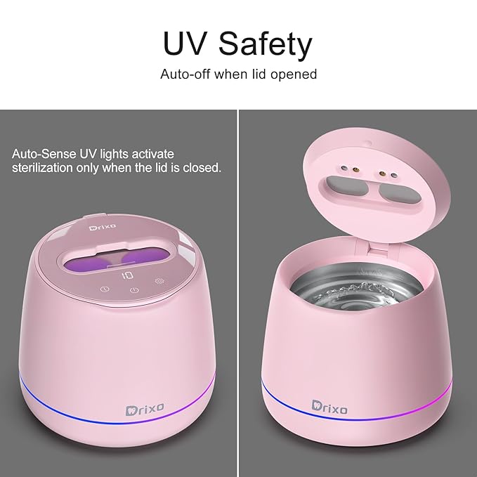 Drixo Ultrasonic Retainer Cleaner Machine, IPX6 Waterproof Dental Cleaning Pod, 3 Modes Denture Cleaner for Night Guard Mouth Guard Braces, 45kHz Denture Dome with UV Light, 200ML Tank, Pink