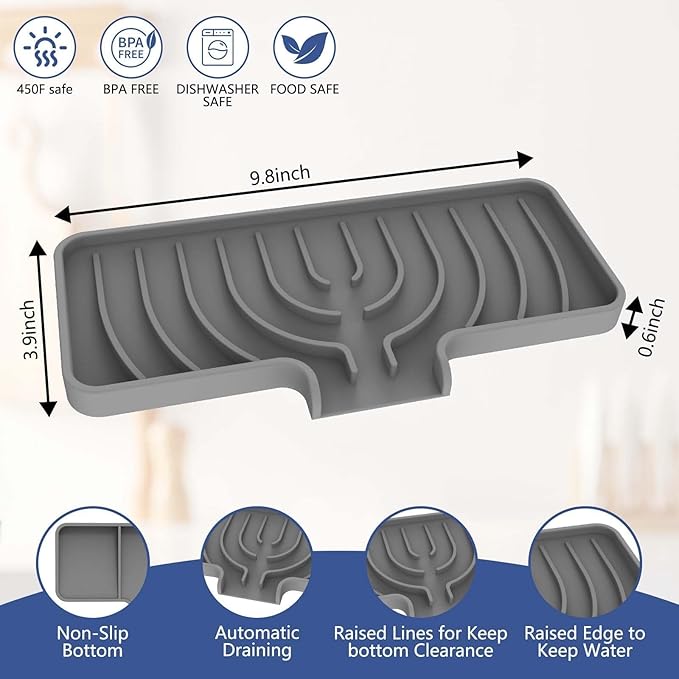 Silicone Sponge Holder for Kitchen Sink With Drain Spout, Self Draining, 10×4inch Kitchen Soap Tray, Bathroom Organizer, Sink Caddy, Perfect for Dispenser, Scrubber, Bottle, Cup on Counter (Gray)