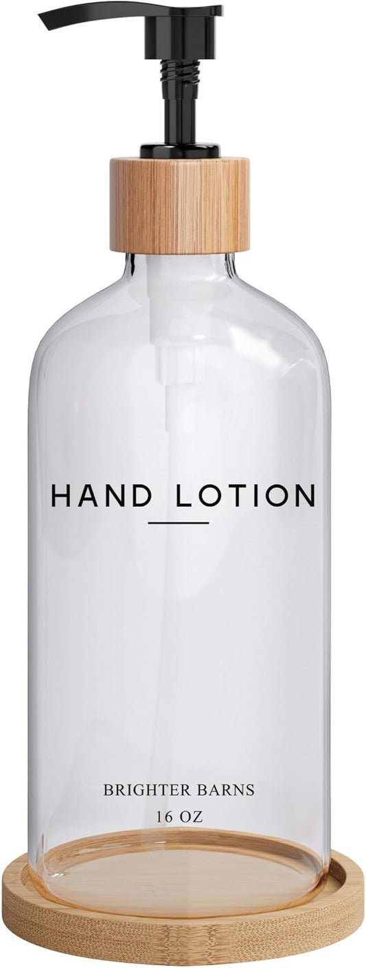 Glass Lotion Dispenser with Pump for Bathroom by Brighter Barns - Hand Lotion Dispenser Set with Tray - Boho Hand Cream Container for Bathroom, Neutral Home Decor in Bedroom, Lobby, Restaurant (Clear)