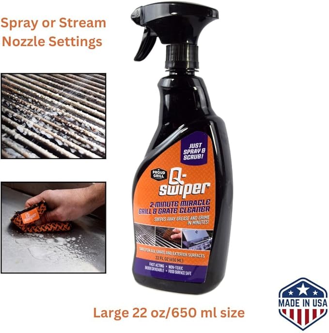 Proud Grill Company Q-Swiper 2-Minute Miracle Grill & Grate Cleaner with Scrub Clean Cloth - Degreaser Spray for BBQ, Oven, Stove, Kitchen Tops & Surfaces, Grate & Grease Remover, Smoker Cleaning Kit