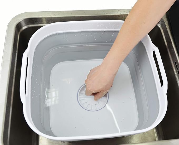 SAMMART 10L (2.64 gallon) Collapsible Dishpan with Draining Plug - Foldable Washing Basin - Portable Dish Washing Tub - Space Saving Kitchen Storage Tray (2, White/Grey)