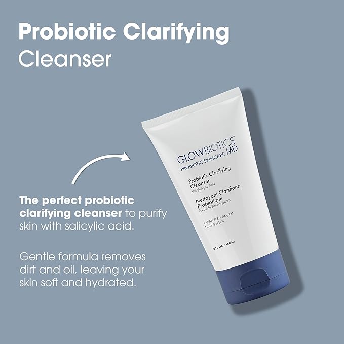 Glowbiotics Probiotic Clarifying Cleanser - 2% Salicylic Acid (BHA) & Peptides - 5 oz - Gentle Foaming Face Wash
