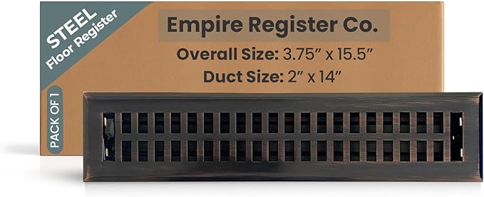 Empire Register Co, Decorative Air Vent Covers - 2x14 inch, Modern Contemporary Design, Oil Rubbed Bronze Finish, Heavy Duty Walkable Floor Register, Metal Damper Attached